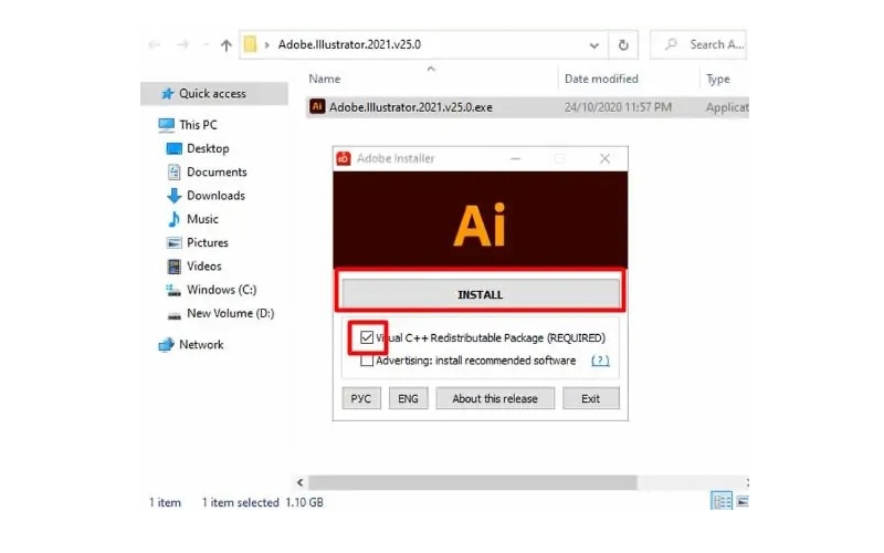 chọn tiếp Install Adobe Illustrator 2021